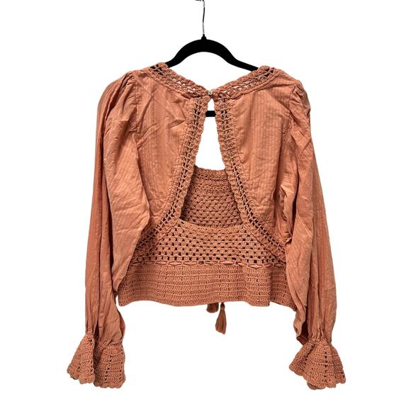 FREE PEOPLE Megan Crochet Romantic Puff Sleeve Cutouts Top in Coral Sand Sz M - Picture 5 of 16
